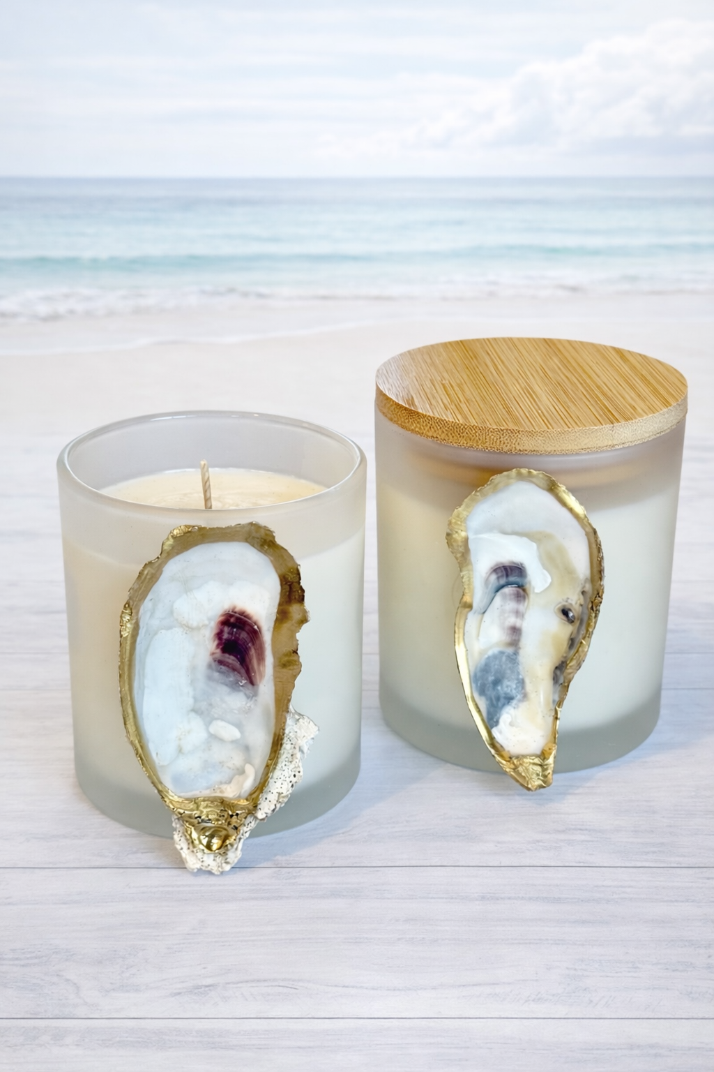 Frosted White 9 oz Soy Candle w/ Oyster Shell | Choose Scent